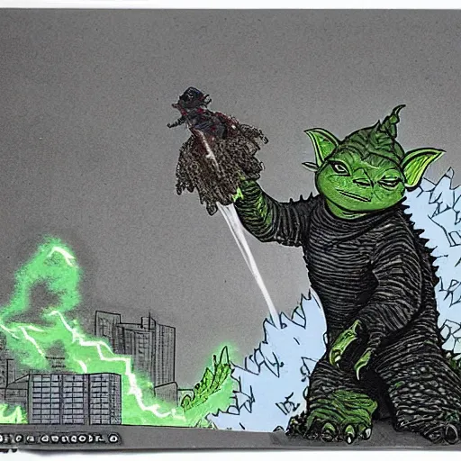 Image similar to godzilla yoda destroying tokyo