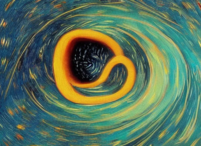 Image similar to painting of a wormhole black hole to another dimension, in the style of vincent van gogh and edward hopper and salvador dali