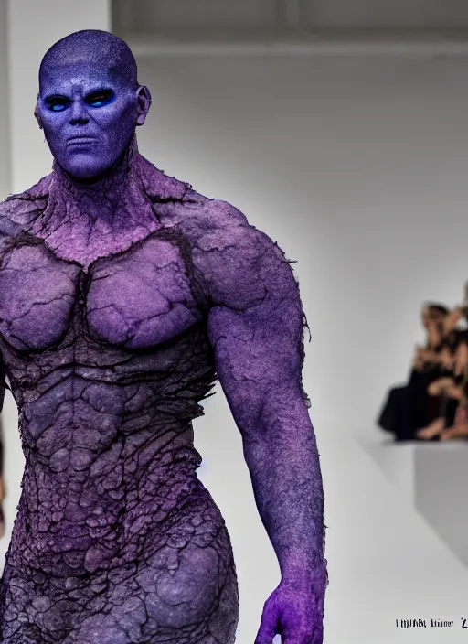 Prompt: hyperrealistic and heavy detailed off white avant garde runway show of thanos ( marvel comics ), leica sl 2 5 0 mm, vivid color, high quality, high textured, real life