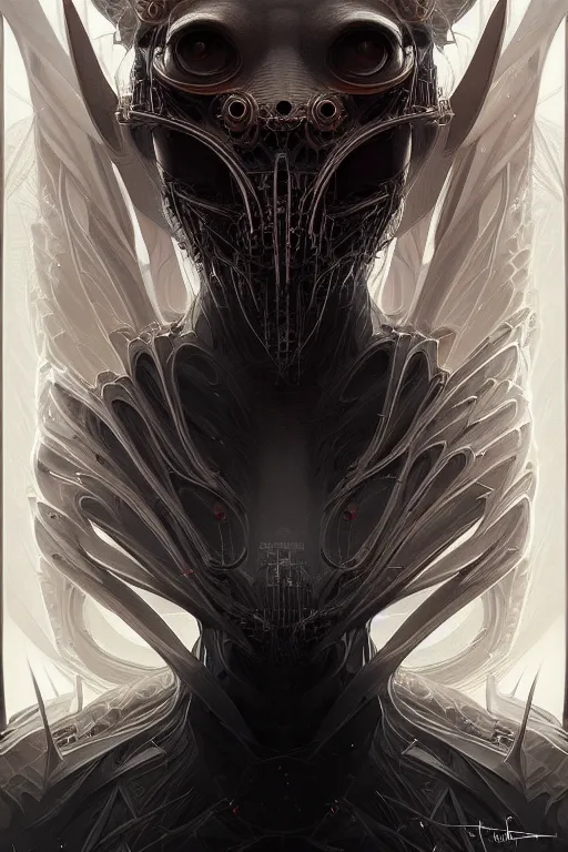 Prompt: professional concept art symmetrical portrait of a terrifying! mechanical predatory fractal! species in a dark room by artgerm and greg rutkowski. an intricate, elegant, highly detailed digital painting, concept art, smooth, sharp focus, illustration, in the style of cam sykes.