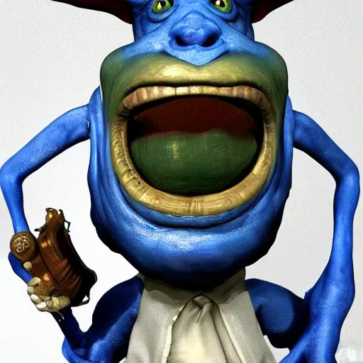 Image similar to a beautiful painted portrait of a happy blue goblin creature with a monocle by james gurney | centered | unreal engine :. 1