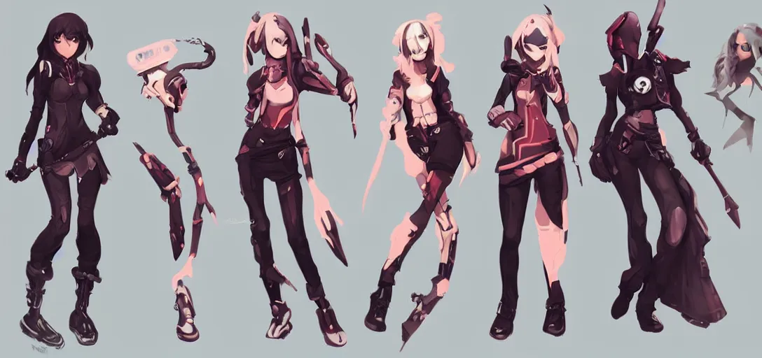 Image similar to concept art of female video game characters head designs, gothic, disgaea, flcl, overwatch, unique silhouettes, cute casual streetwear, by marc brunet and artgerm