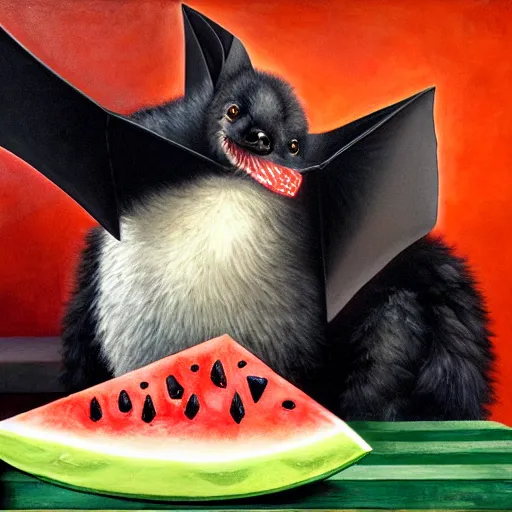 Image similar to realistic fluffy bat stealing a triangle slice of watermelon in the museum, highly detailed, sharp focus, oil painting, artwork by Victor Adame Minguez + Lovell + Sandro Botticelli