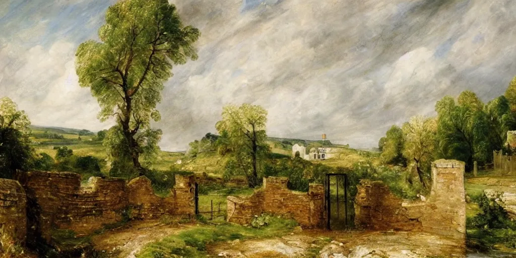 Image similar to a beautiful landscape painting of a quaint english countryside with a stone wall and gate, by john constable, oil on canvas, highly detailed, hd, 4 k