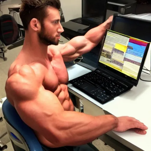 Image similar to a chad. muscular. godlike. using a computer.