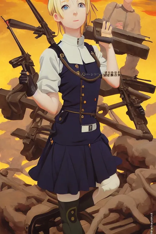 Image similar to baroque oil painting of propaganda poster anime key visual full body portrait of anime maid nazi military ss uniform, blond hair, blue eyes, brutalist, dark fantasy, rule of thirds golden ratio, fake detail, trending pixiv fanbox, acrylic palette knife, style of makoto shinkai genshin impact studio ghibli jamie wyeth greg rutkowski chiho aoshima