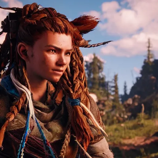 Prompt: a beautiful photo of aloy in horizon forbidden west