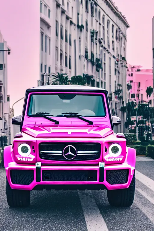 Prompt: Photo of a 2019 pink Mercedes-Benz G63 parked on the road with Rodeo drive in the background, wide shot, poster, rule of thirds, photo print, golden hour, daylight, vibrant, volumetric lighting, award winning