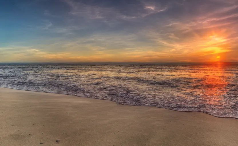 Image similar to A gorgeous sunset at the beach, long focal length, sunset vibes, hdr 8k, dslr photography