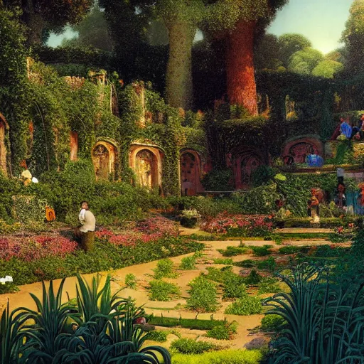 Image similar to highly detailed vegetable garden las pozas, lots of leaves, fence line, detailed. rule of thirds. intricate. sharp focus. wide angle. unreal engine 8 k. painting by maxfield parrish. wlop. greg rutkowski.