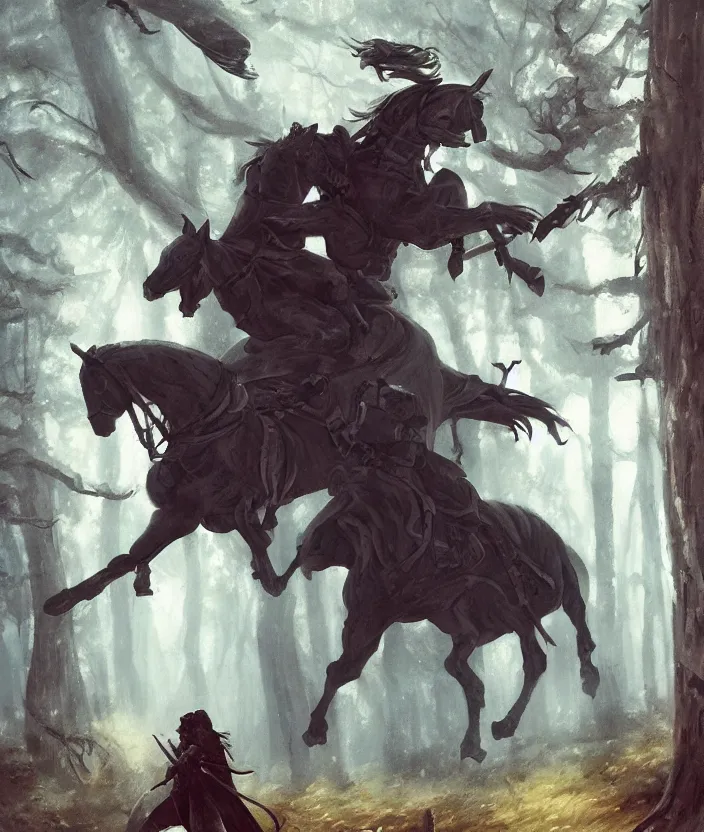 Image similar to a hero against the grain who wields his sword against a monstrous black rider of death in a fantastic woodland setting by finnstark anato