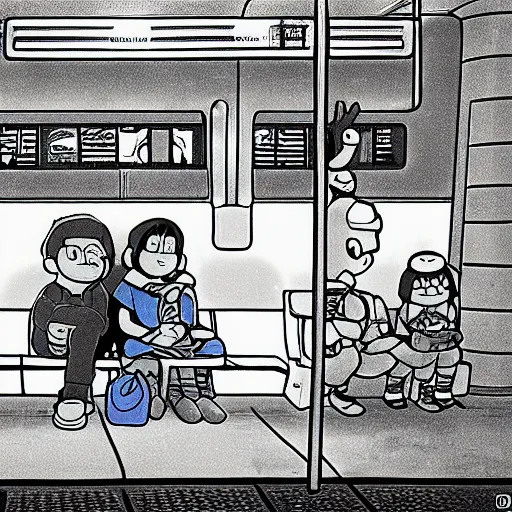 Prompt: doraemon homeless in a subway in new york, dimly lit begging for change, photorealistic sensual