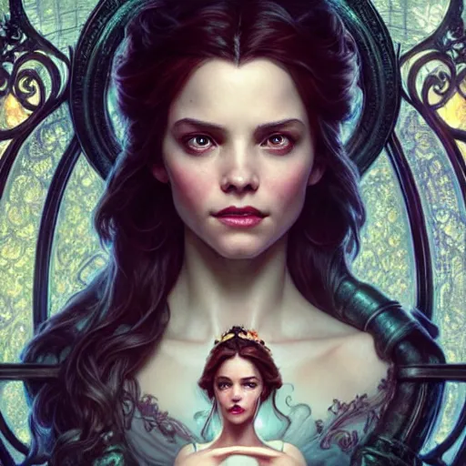 Image similar to belle beauty and the beast ; ultra realistic, concept art, intricate details, eerie, haunting, highly detailed, photorealistic, octane render, 8 k, unreal engine. art by artgerm and greg rutkowski and charlie bowater and magali villeneuve and alphonse mucha