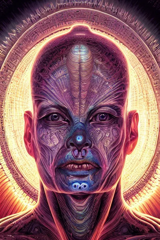 Prompt: cinematic portrait of an alien god emperor. Centered, uncut, unzoom, symmetry. charachter illustration. Dmt entity manifestation. Surreal render, ultra realistic, zenith view. Made by hakan hisim feat cameron gray and alex grey. Polished. Inspired by patricio clarey, heidi taillefer scifi painter glenn brown. Slightly Decorated with Sacred geometry and fractals. Extremely ornated. artstation, cgsociety, unreal engine, ray tracing, detailed illustration, hd, 4k, digital art, overdetailed art. Intricate omnious visionary concept art, shamanic arts ayahuasca trip illustration. Extremely psychedelic. Dslr, tiltshift, dof. 64megapixel. complementing colors. Remixed by lyzergium.art feat binx.ly and machine.delusions. zerg aesthetics. Trending on artstation, deviantart