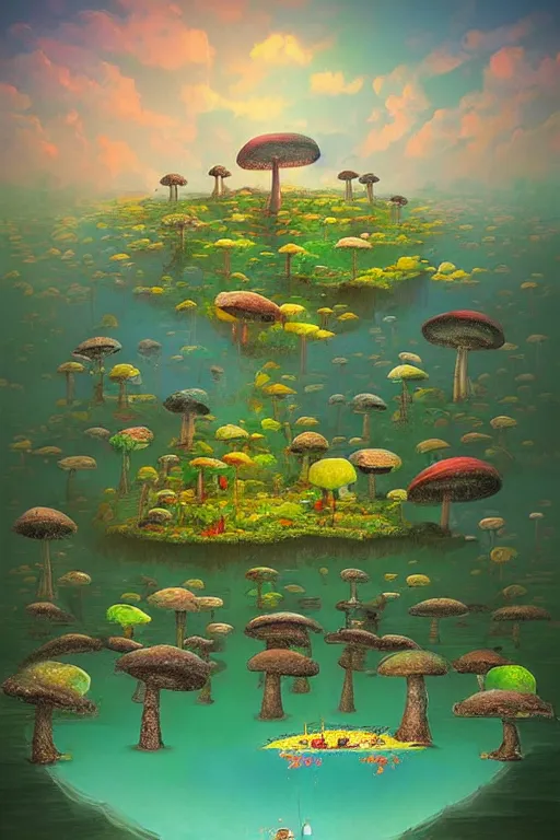 Image similar to surreal mushroom kingdom, floating island in the sky, water pipes in the ground, summer morning, very coherent and colorful high contrast, art by!!!! gediminas pranckevicius!!!!, geof darrow, dark shadows, hard lighting