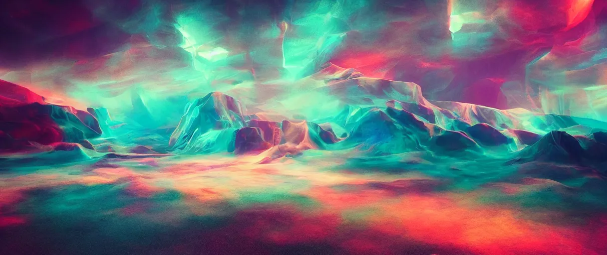 Image similar to dream landscape, simulation, glitch, volumetric object, physical particles, translucence, cinematic lighting, iridescence, by ash thorpe