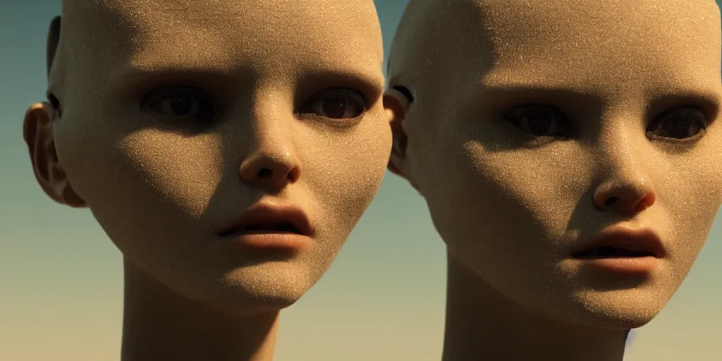 Image similar to realistic humanoid robot, mesh, skin, facial features, close up, desert background, shot by denis villeneuve, blade runner 2049 style, cinematic lighting