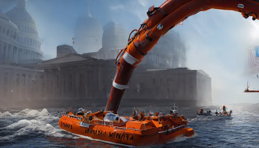 Image similar to lifeboat crossing washington dc streets after devastating tsunami, collapsed buildings in the water, rescuing people, sunny day, hyperdetailed, artstation, cgsociety, 8 k