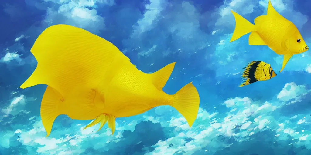 Prompt: giant yellow angelfish swimming through a sea made of big puffy clouds, large polygonal background elements, large polygons, dramatic anime, dramatic lighting, artgerm, manga, trending on artstation, art nouveau, mature colors