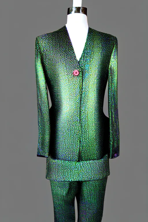 Prompt: psychedelic fashion business suit minimalist 1 9 2 0 s shimmering pattern textile business suit uniform