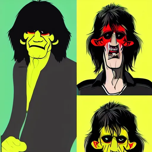 Image similar to Murdoc is based on Keith Richards of The Rolling Stones.sickly green colored skin, and yellow colored eyes, with a red pupil in his right eye. He also has a misshapen nose and sharp yellow teeth and a large grin. He has a black mop top that covers a portion of his face and hides his eyebrows, wearing a grey or black sweater and grey or blue jeans with cuban heel boots and an inverted cross necklace. He sometimes wears a purple and red cape
