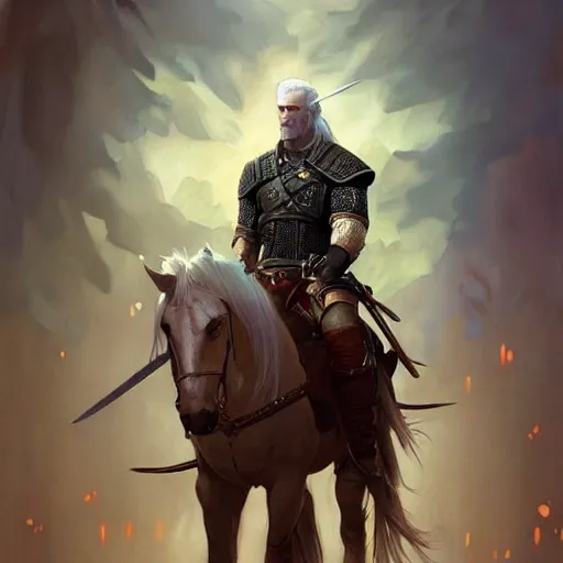 Prompt: geralt the witcher 3 riding a horse with obama president d & d fantasy intricate elegant highly detailed digital painting artstation concept art matte sharp focus illustration hearthstone art by artgerm art by greg rutkowski art by alphonse mucha