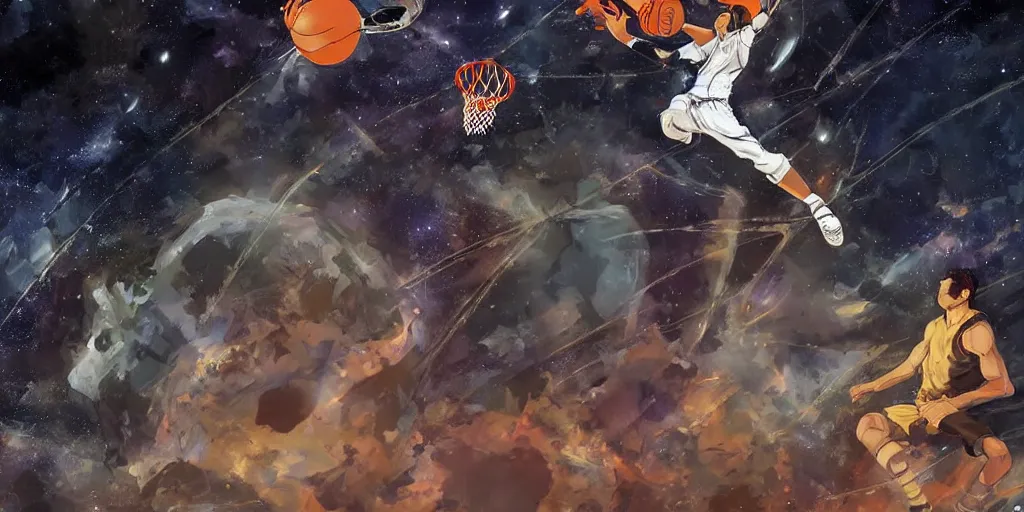 Prompt: digital painting of a monster dunking a basketball in space, by vincent di fate and takehiko inoue, highly detailed, science fiction, intricate, anime, ghost in the shell color scheme, masterpiece