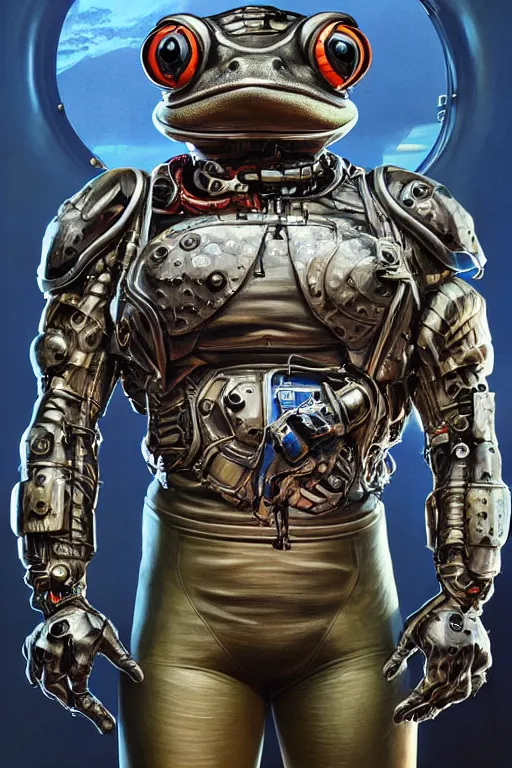 Image similar to a portrait of a muscular anthropomorphic cyberpunk frog in spacesuit armor with ensignia on chest plate by sandra chevrier, by jon foster, detailed render, post - processing, extremely hyperdetailed, intricate, epic composition, cybernetics, 4 k realistic, cryengine, realistic shaded lighting, sharp focus, masterpiece, by enki bilal