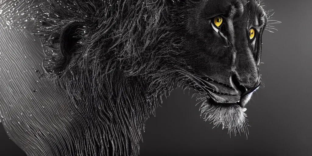 Image similar to a black lioness, made of ferrofluid, posing in the photo studio, viscous, sticky, full of ferrofluid, covered with black goo. photography, dlsr, realism, animal drawing, color, rimlight, wrinkles, reflections, wildlife photography, black goo, cinematic