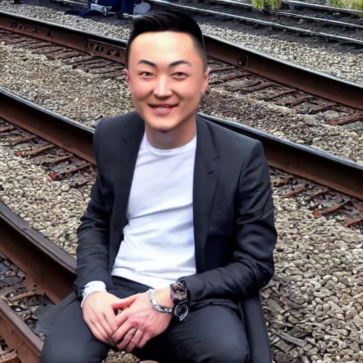 Image similar to justin sun tied to train tracks