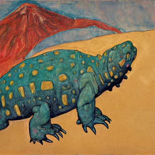 Prompt: painting of an ankylosaurus watching an erupting volcano in the style of egon schiele