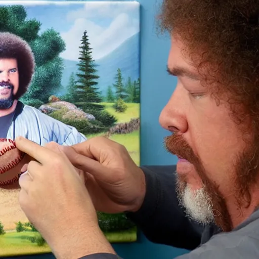 Image similar to a closeup photorealistic photograph of bob ross working on an image of kenny powers autographing a baseball on a canvas. mountains and trees. film still. brightly lit scene. this 4 k hd image is trending on artstation, featured on behance, well - rendered, extra crisp, features intricate detail, epic composition and the style of unreal engine.