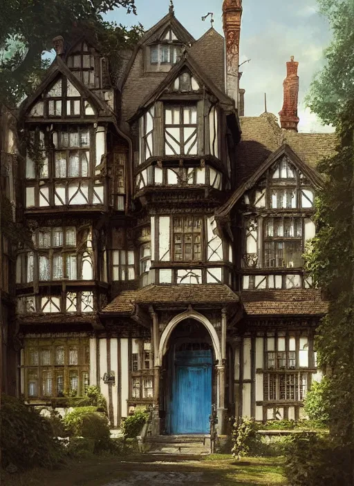 Prompt: portrait of a tudor manor house on a street, architecture, highly detailed, blue sky, cinematic lighting, digital art painting by greg rutkowski