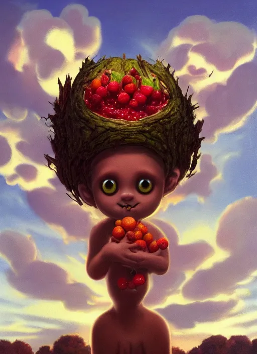 Prompt: cute small fruit monster, in clouds, sunset, in a forest, big eyes, portrait by greg hildebrandt, studio lighting, muted colors, by terry richardson, by frank frazetta, extreme detail, reflections, trending on artstation, 8 k