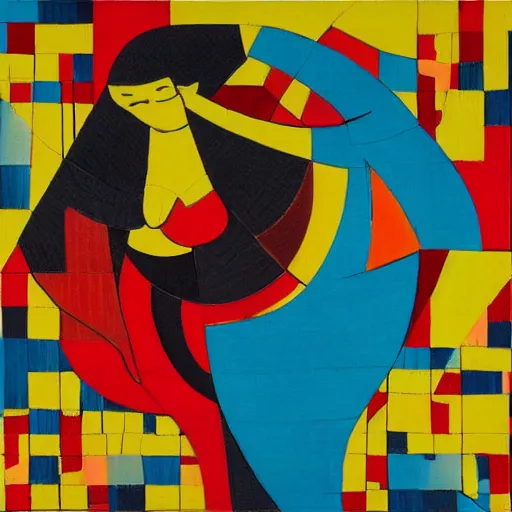 Prompt: fat woman dancing, beautiful sunset, cubism, red, yellow, orange, muted colors, texture