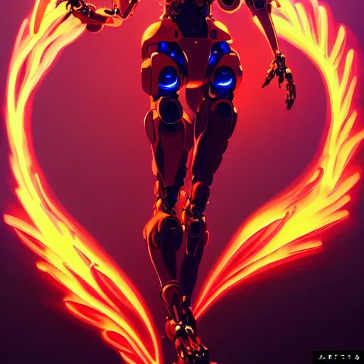 Image similar to a full body character design by artgerm, cushart krenz, ross tran, alphonse mucha. fiery flaming faceless humanoid robot mech giant!! bold outline sharp edges. ultra clear detailed. 8 k. elegant, neon colors, dynamic angle, intricate complexity, epic composition, action pose, cinematic lighting masterpiece