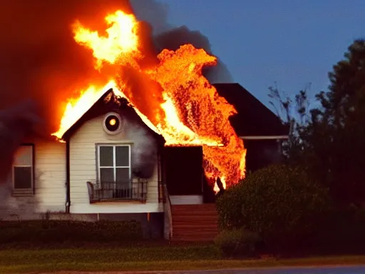 Prompt: a photo of a house on fire taken with an iPhone 4