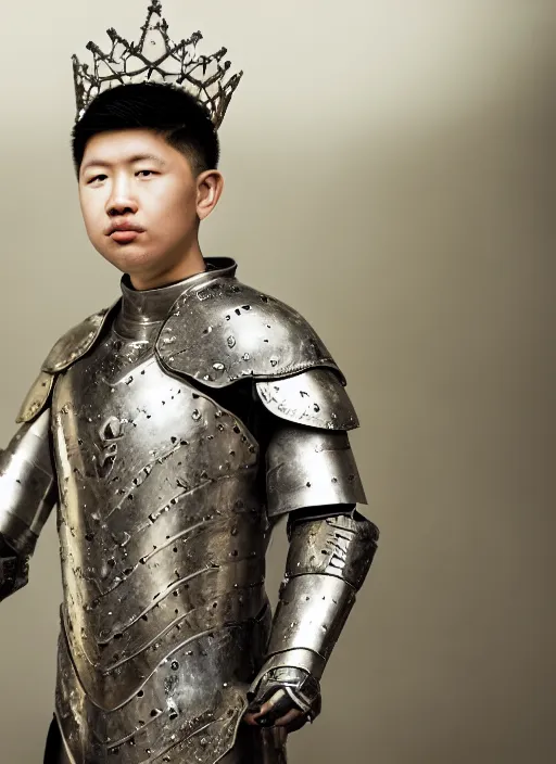 Prompt: portrait of rich brian wearing a steel armor and a crown, by charlotte grimm, natural light, detailed face, beautiful features, symmetrical, canon eos c 3 0 0, ƒ 1. 8, 3 5 mm, 8 k, medium - format print, half body shot