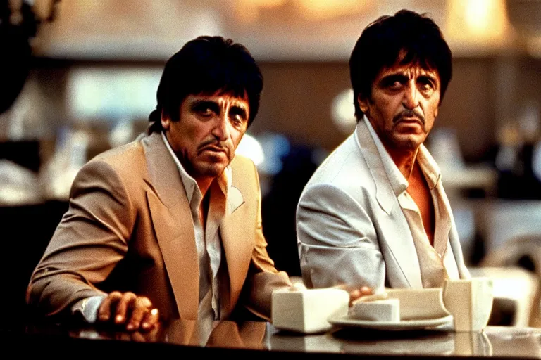 Prompt: tony montana from movie scarface 1 9 8 3 sitting behind a big black oak table with big large packages of flour. al pacino. perfect symmetric face, coherent eyes, long shot, ron cobb, fine details, cinestill, 4 k. last scene from scarface movie, bokeh