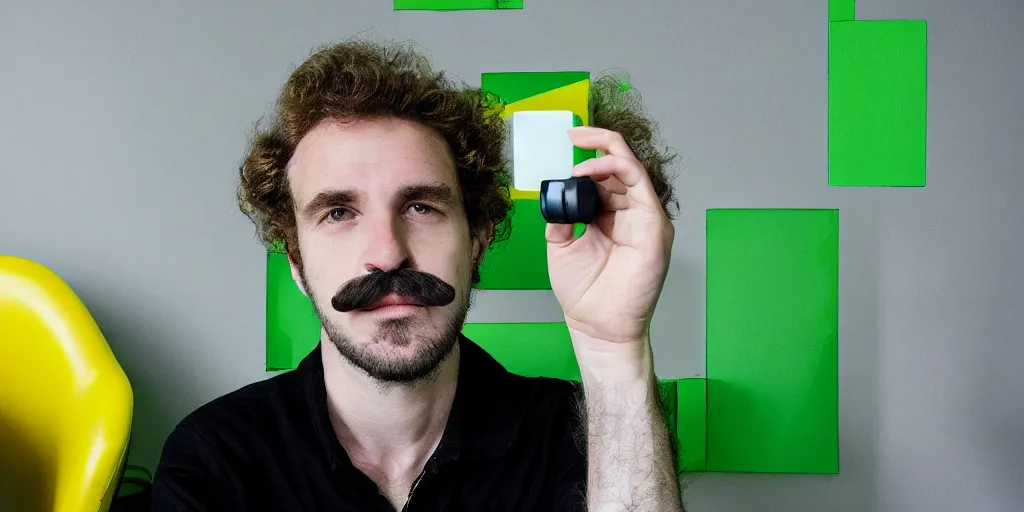 Image similar to french white man with puffy hair, mustache and a green sitting on a black chair in his room looking at the camera, photorealistic, webcam, yellow lightning