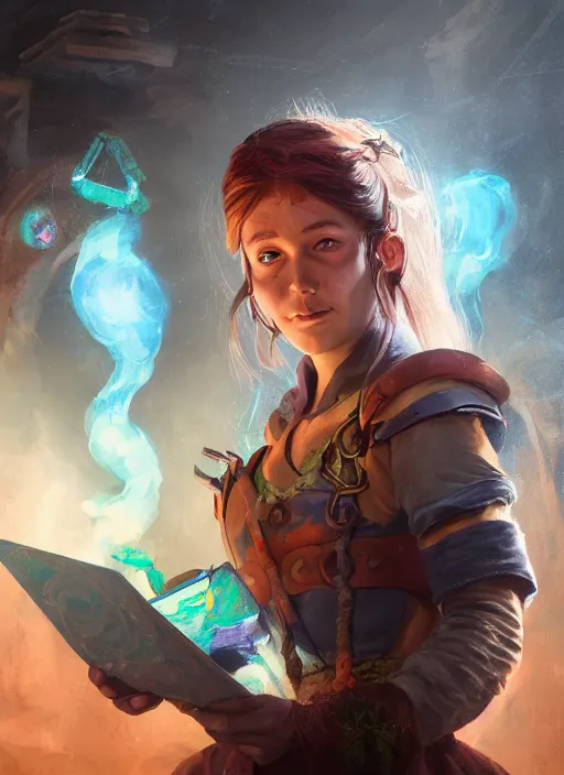 Prompt: An epic fantasy comic book style portrait painting of a young tinker girl working on a device in her workshop in the style of the wheel of time, unreal 5, DAZ, hyperrealistic, octane render, cosplay, RPG portrait, dynamic lighting