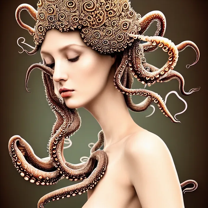 Prompt: photo portrait of a beautiful woman like a queen- octopus-dressed in long elegant intricate ornamental ethereal dress, natural skin tone, intricate mandelbrot fractal highly detailed tentacles ornament in the upper side of breast, bust with a very long neck , hair are wired tentacles, elegant, highly detailed intricate jellyfishes ornament in her long hair, Realistic, Refined, Highly Detailed, natural soft lighting colors scheme, fine art photography by Tim Walker, volumetric lighting, hyper realistic photography, 8 k
