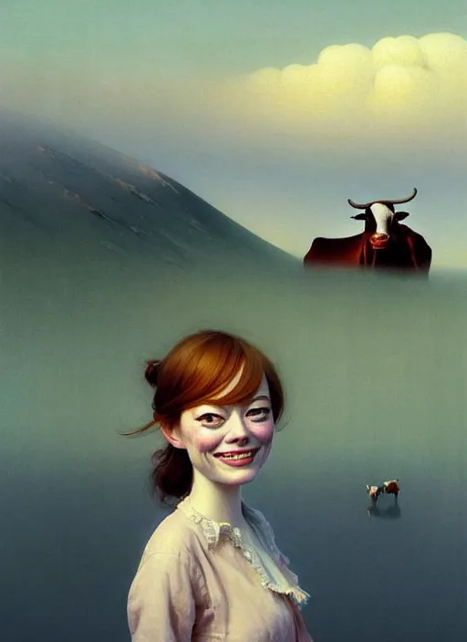 Image similar to hyper detailed 3 d render like a oil painting - cute portrait of emma stone with a smiling cow looking over her shoulder by ryden, kawase hasui, dorothea tanning, edward hopper and james gilleard, aivazovsky, beksinski, outram, artstation