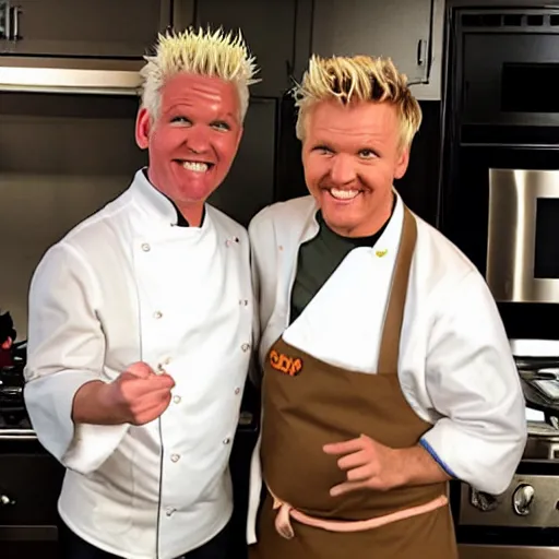 Prompt: vegetarian guy fieri and gay gordon ramsay in a kitchen