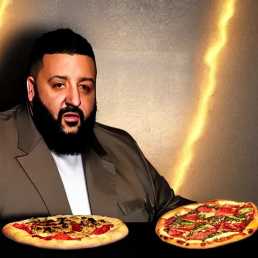 Prompt: a highly detailed realistic photographic render dj khaled with Cosmo Kramer hairstyle with holding slices of pizza, religious sculpture, cinematic lighting, cinematic scene, Volumetric lighting, Atmospheric scene, Dark, Horror, Atmospheric lighting, Global illumination, realistic, photo realism, hyper realistic, hyper realism, photo realisitc, cinematic render, film, beautifully lit, ray traced, octane 3D render, octane render, unreal engine