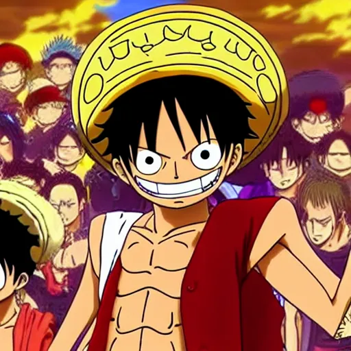 Prompt: Luffy from One Piece wearing a crown, cinematic scene