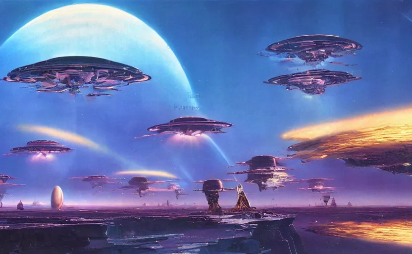 Prompt: photorealistic alien empire with vivid sky by bruce pennington