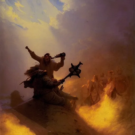 Prompt: art by ivan aivazovsky and syd mead and moebius and gaston bussiere and roger dean and pieter claesz and paul delaroche and alma tadema and aelbert cuyp and willem claesz, live action, a fantasy cinematic close up shot of a dwarf berserker firghting, warhammer, dnd, last stand