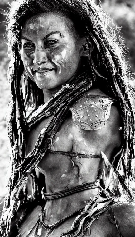 Prompt: sweated smiling beautiful ancient princess tribeswoman in fighting rage, partially destroyed armor inspired monster hunter, low shot camera, muscular, symmetrical face, clean face, subtle make up, debris and arrows flies around her, frozen time effect,dramatic lighting, cinematic, establishing shot, extremely high detail, photorealistic, 300 the movie,monster hunter the movie, dune the movie, cinematic lighting, artstation, octane render, western,old photo, vintage