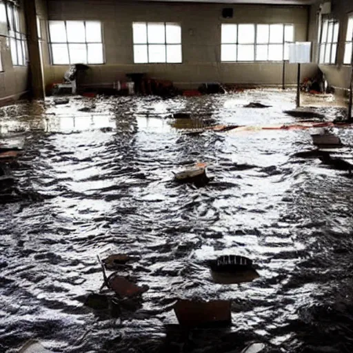 Prompt: photo of a classroom, the floor is flooded with one meter deep water. eerie